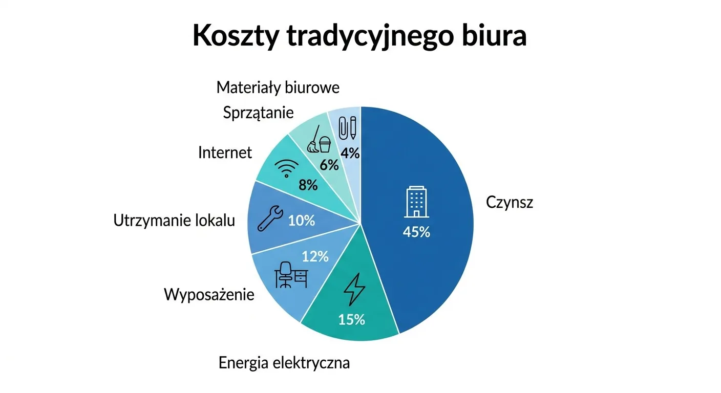 Wykres kosztów tradycyjnego biura nieruchomości: czynsz, energia elektryczna, internet, wyposażenie, sprzątanie, materiały biurowe i utrzymanie lokalu