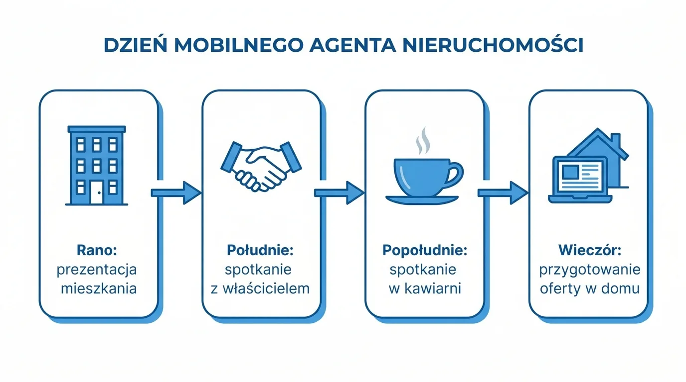 Schemat mobilnego dnia pracy pośrednika nieruchomości: prezentacja mieszkania rano, spotkanie z właścicielem, spotkanie w kawiarni i przygotowanie oferty w domu wieczorem