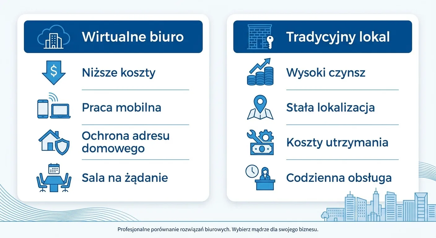 Porównanie wirtualnego biura i tradycyjnego lokalu dla pośrednika nieruchomości — koszty, mobilność, ochrona adresu i dostęp do sali konferencyjnej