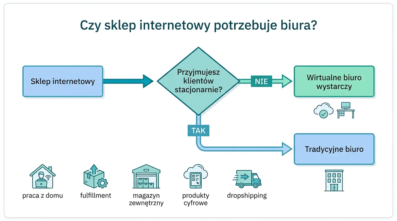 Schemat decyzyjny pokazujący, kiedy sklep internetowy potrzebuje biura, a kiedy wystarczy wirtualne biuro