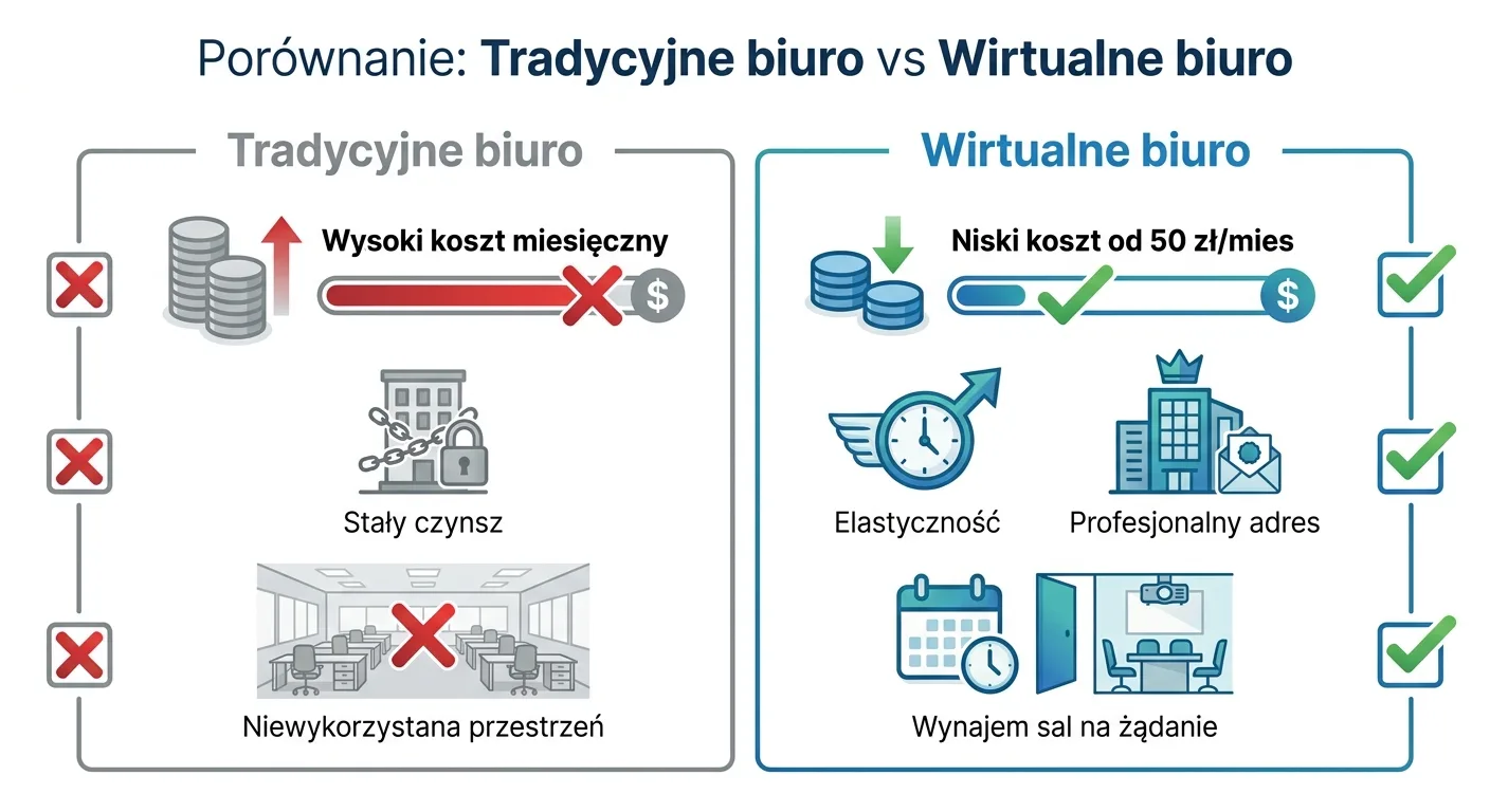 Porównanie tradycyjnego biura i wirtualnego biura pod względem kosztów, elastyczności i profesjonalnego adresu, z ofertą od 50 zł miesięcznie